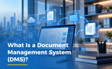 Laptop on a desk connected to floating cloud, document and folder icons, showing what a document management system (DMS) is